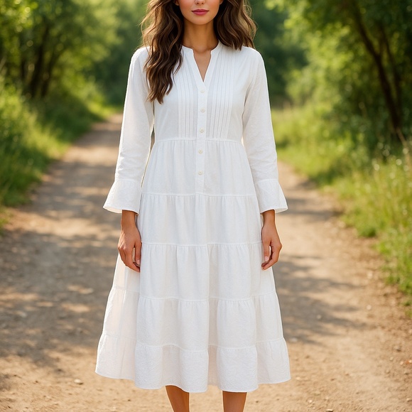 Dressed In White Dresses & Skirts - White Embroidered Button Front Bell Sleeve Tiered Maxi Dress Women's Size MP